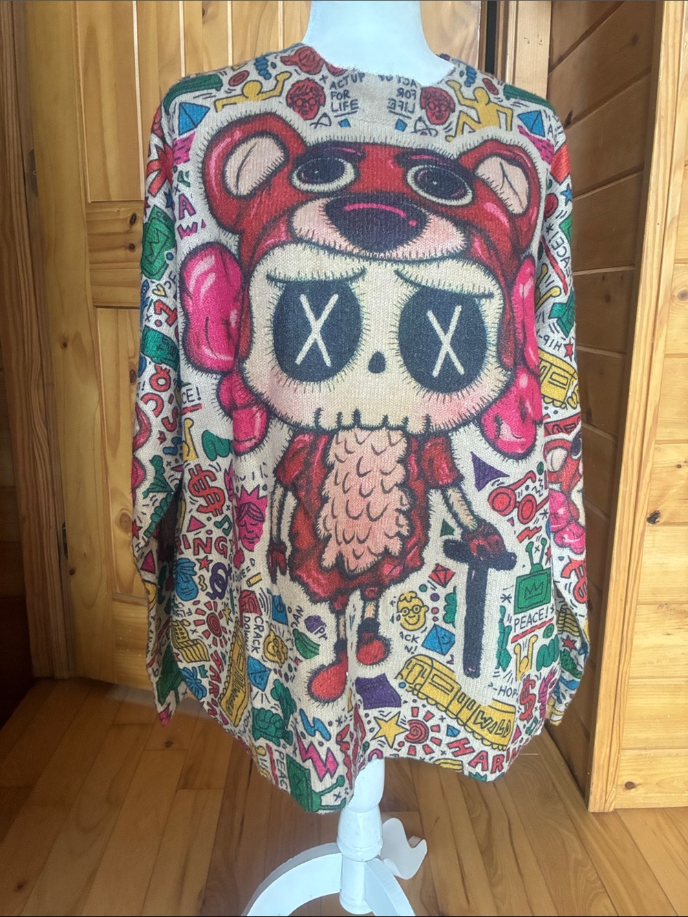 Streetwear op art teddy bear c eyes kaws anime cartoon sweater